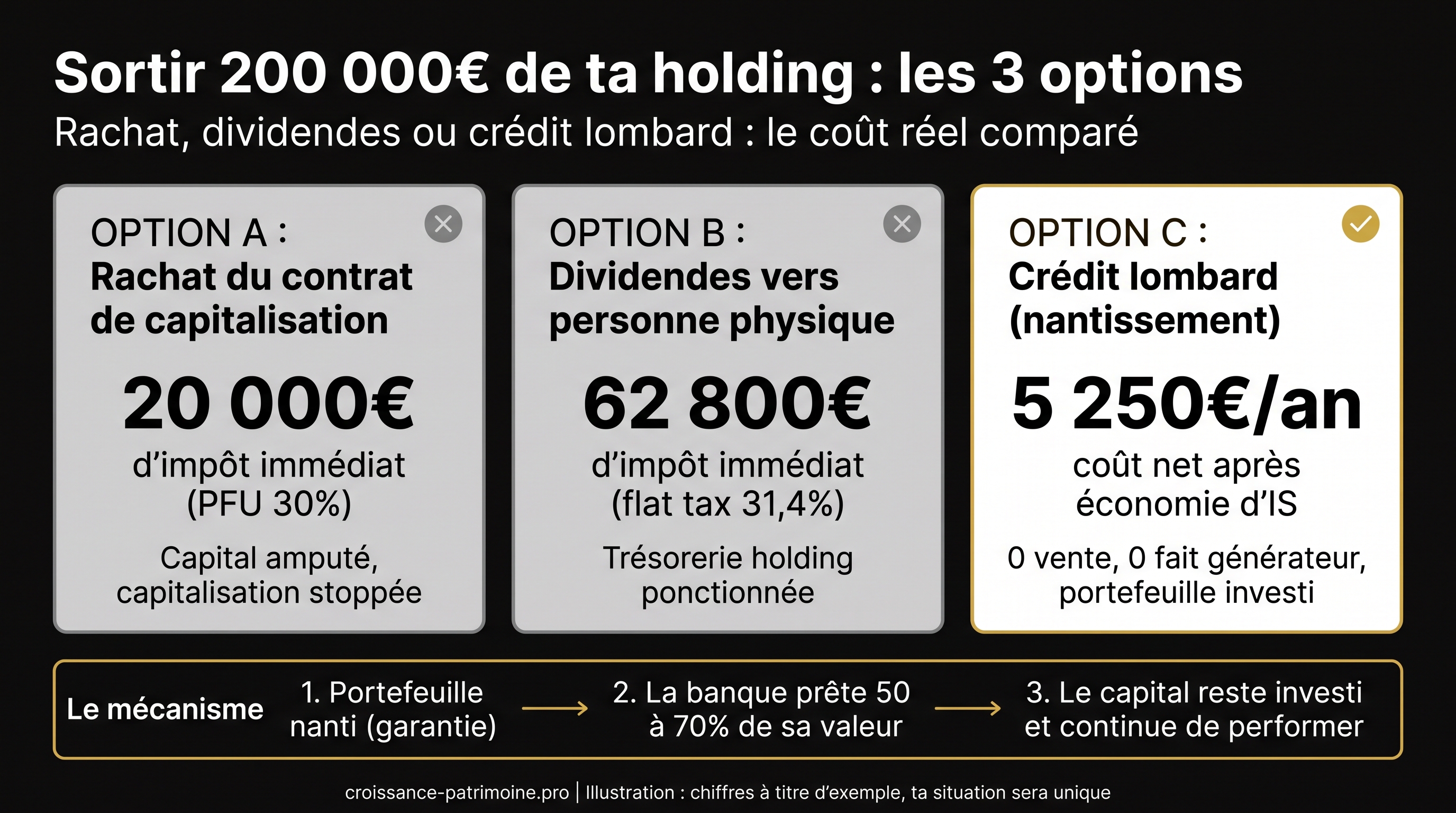Infographie : sortir 200 000€ de sa holding, comparatif entre rachat du contrat de capitalisation (20 000€ d'impôt), dividendes en personne physique (62 800€) et crédit lombard (5 250€ par an), avec le mécanisme de nantissement en 3 étapes