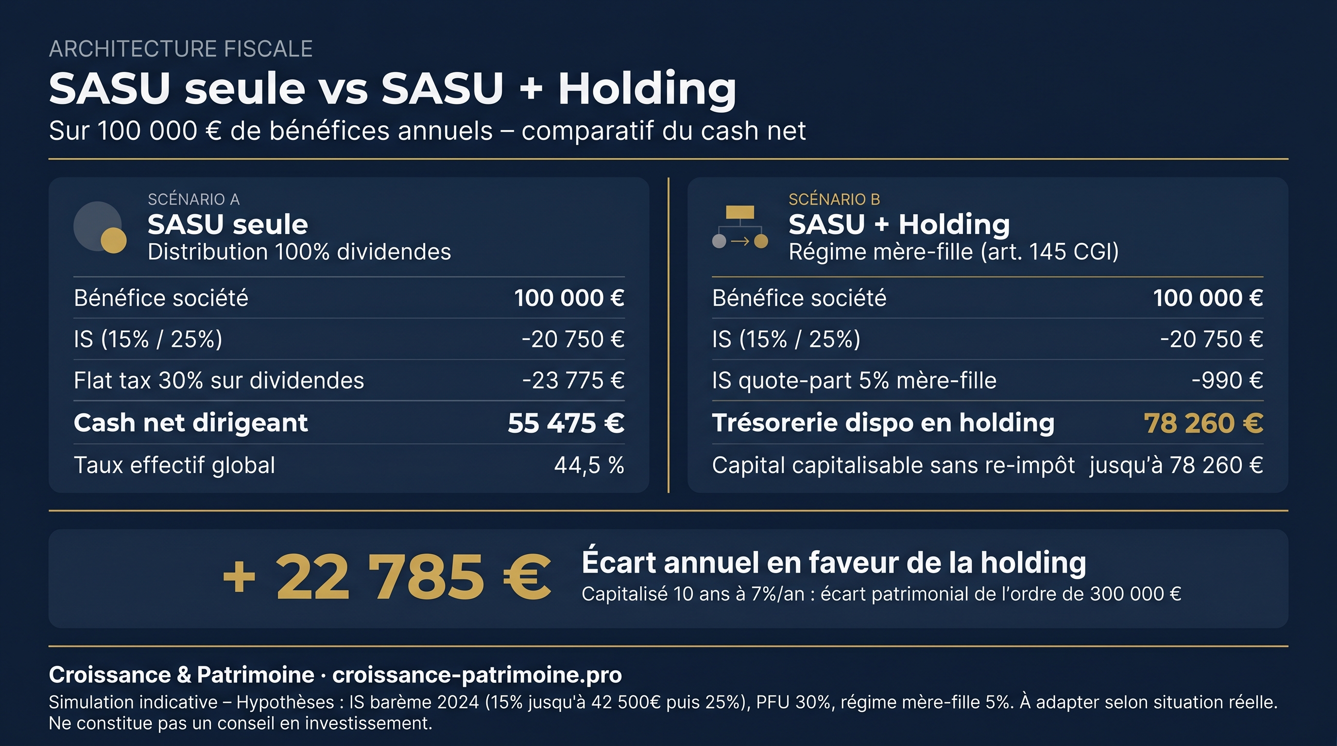Comparatif SASU seule vs SASU + Holding sur 100 000€ de bénéfices : 55 475€ de cash net en SASU seule contre 78 260€ de trésorerie disponible en holding, soit 22 785€ d'écart annuel en faveur de la structure holding